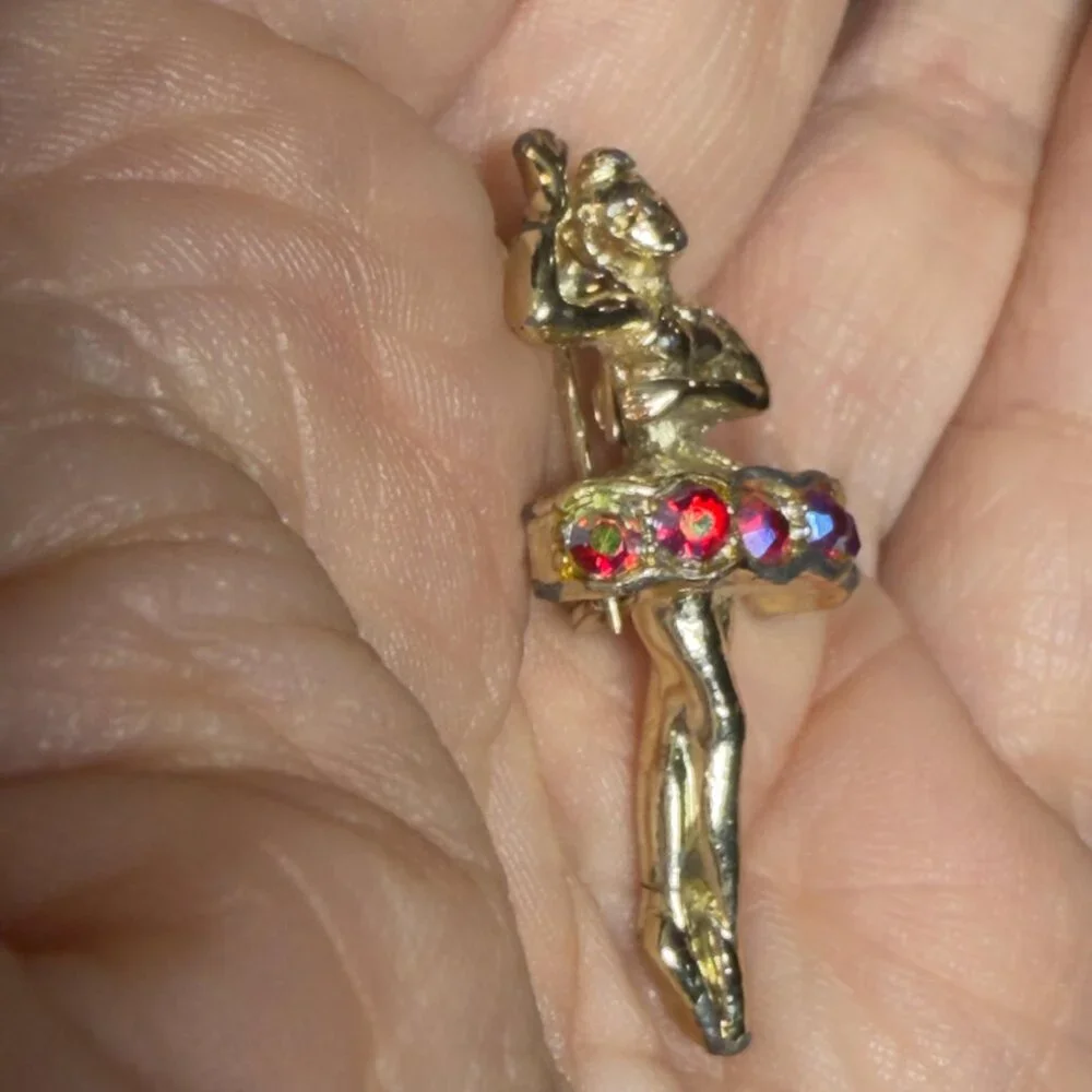 Ballerina Vintage Brooch Rhinestone Skirt Dancer Ballet Pin Gold Tone 1.75 inch